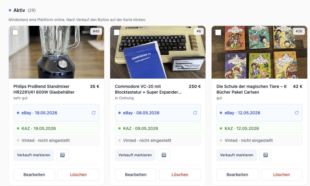 Inseratpilot App mit aktiven Artikeln und Veröffentlichungsdatum je Plattform