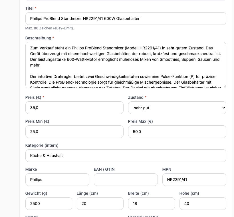 Inseratpilot App mit generiertem Mixer-Inserat, Beschreibung, Preis, Zustand und Kategorie